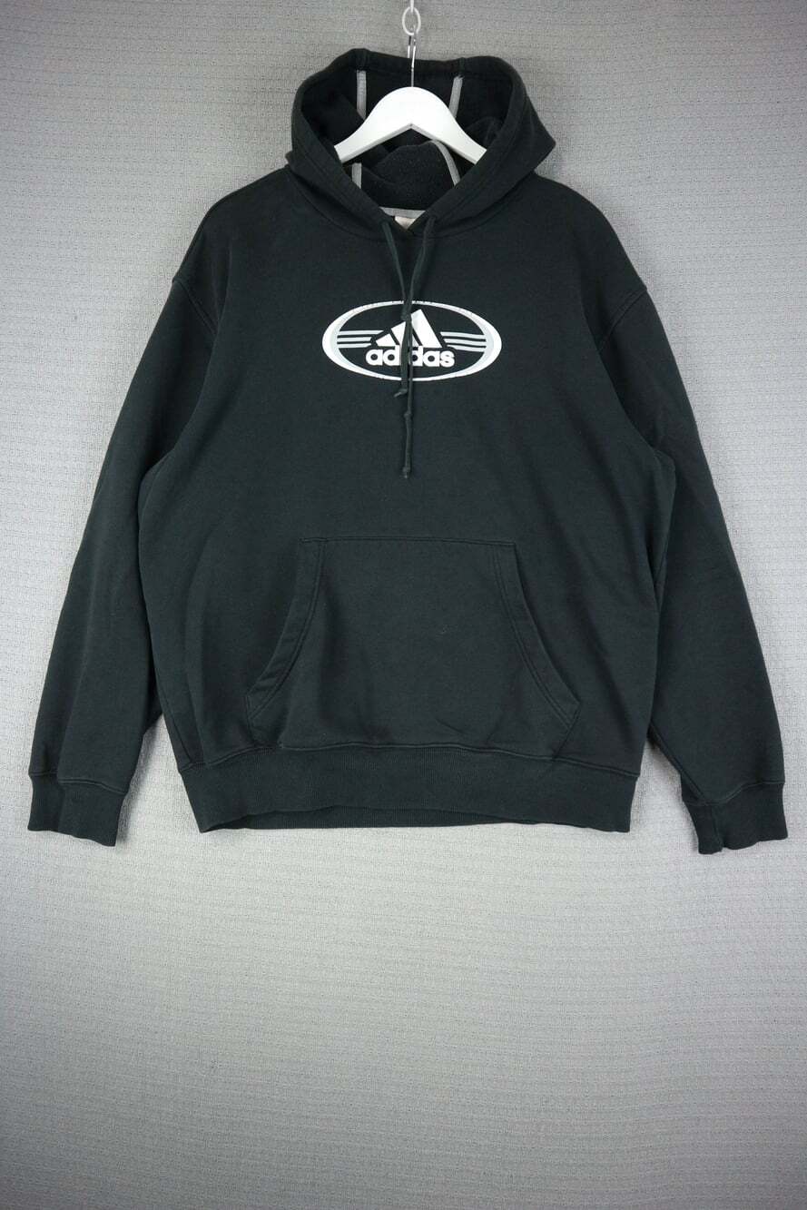 Vintage Adidas Black Oval Logo Graphic Pullover Hooded Sweatshirt Hoodie Size Me